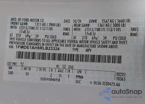 2024 Ford Bronco Black Diamond z USA, uszkodzony, nr VIN 1FMDE1AH8RLB23324